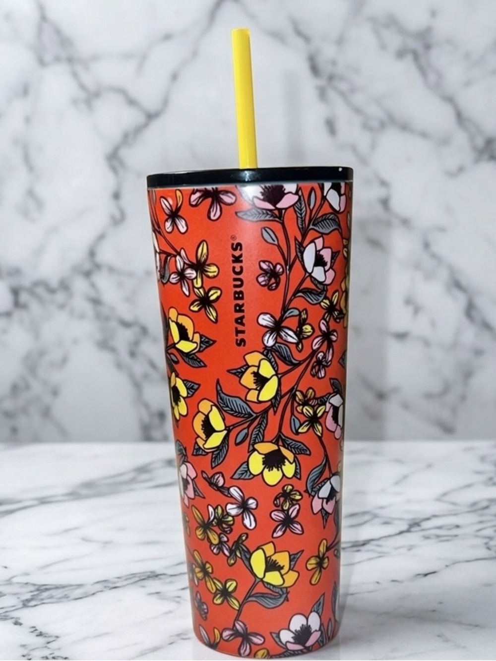 Starbucks 2018 Floral Poppy 16oz Stainless Steel Tumbler with Yellow Straw Rare